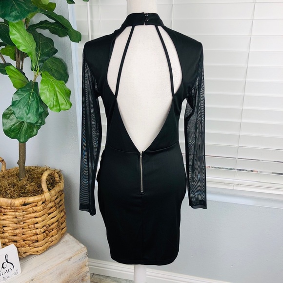 NWOT Cut Out Mock Neck Backless Contrast Mesh Tulip Hem Bodycon Black MINI DRESS - Picture 3 of 8